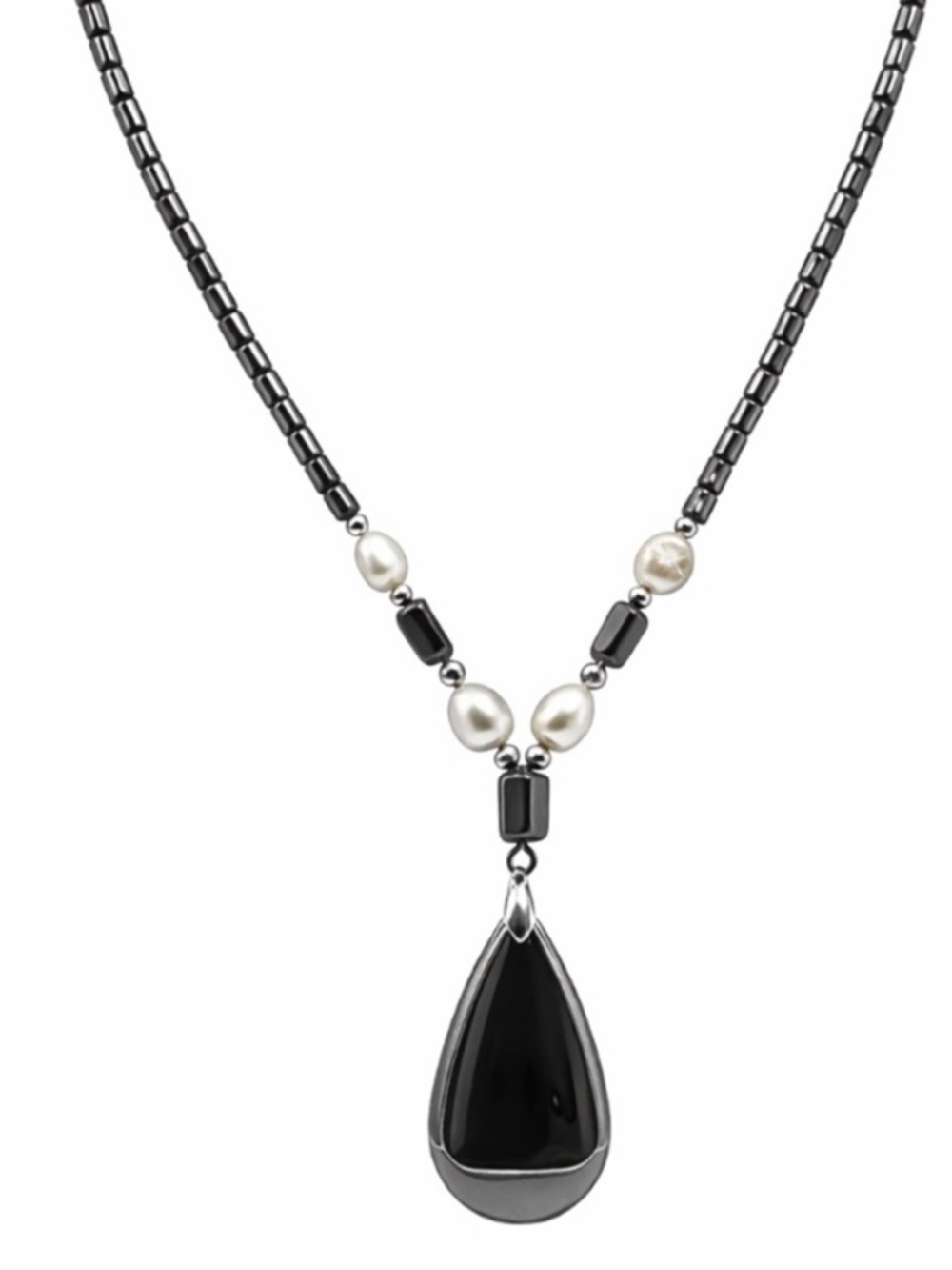 Black Hemotite Necklace Drum Beads Chunky Statement Hemotite Stone Pendant